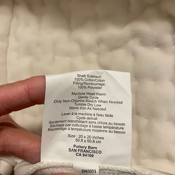 Pottery Barn Washed Velvet Cotton Quilted Cream Sham 20” Sq - Picture 11 of 11